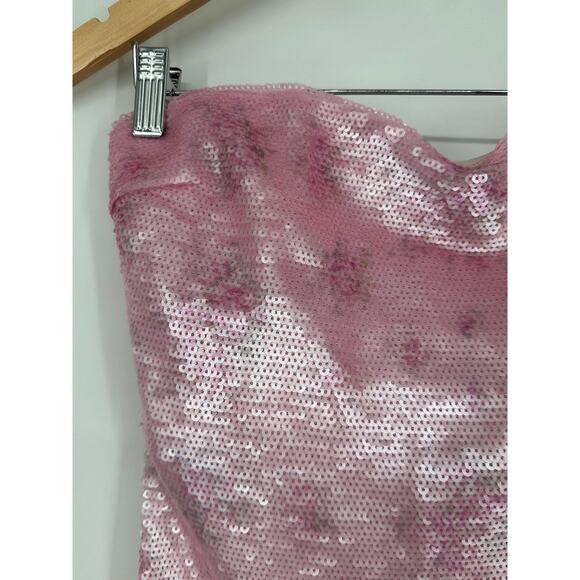 LoveShackFancy Stasia Sequin Midi Dress Floral Strapless Sparkle Flamenco Pink - Picture 10 of 16